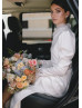 High Collar Ivory Satin Lace Keyhole Back Slit Wedding Dress